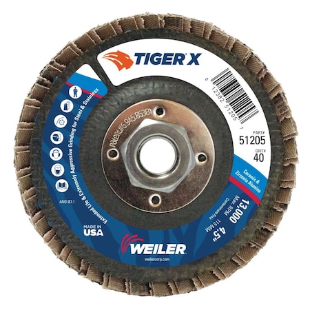 Weiler 4-1/2" Tiger X Flap Disc, Conical (TY29), 40Z, 5/8"-11 UNC 51205